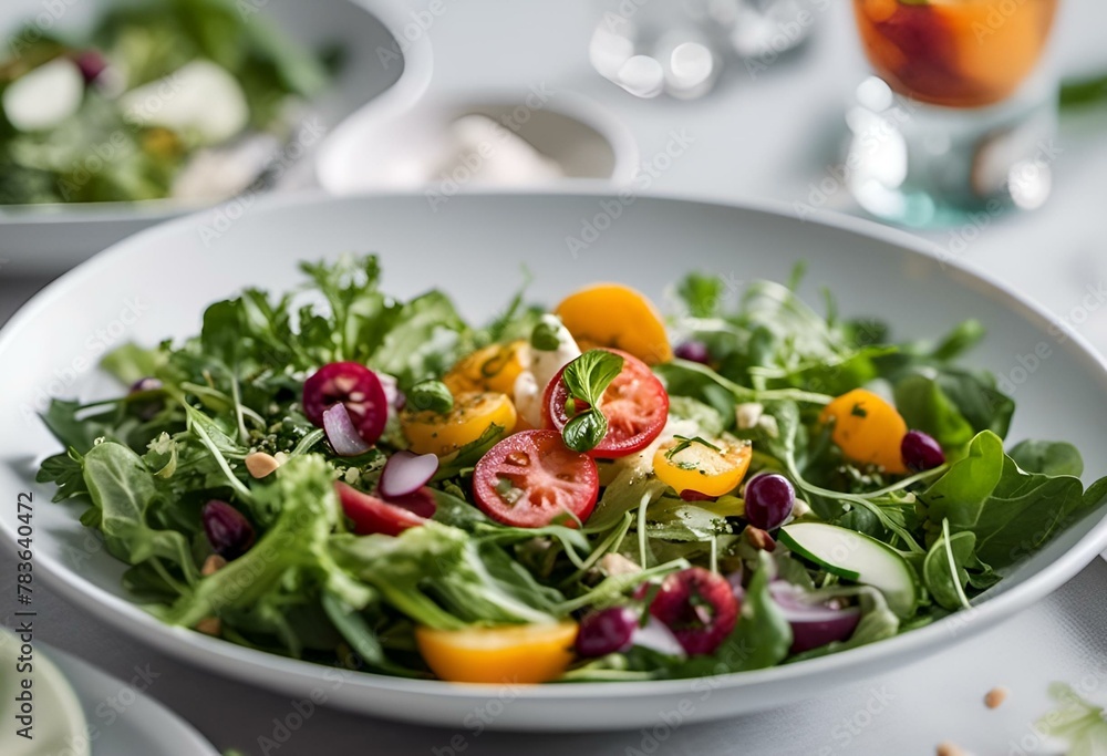 a table with two plates filled with a salad and orange slices