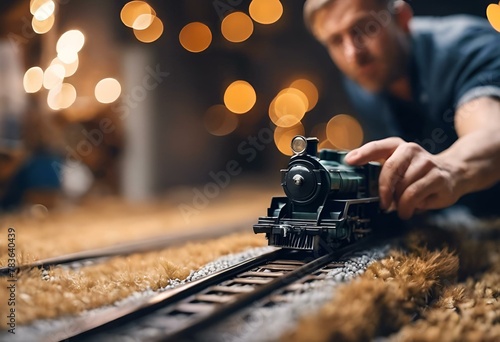 there is a man putting a small miniature train on the tracks photo
