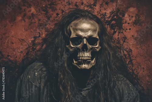 a man with long hair and a skull mask on his face
