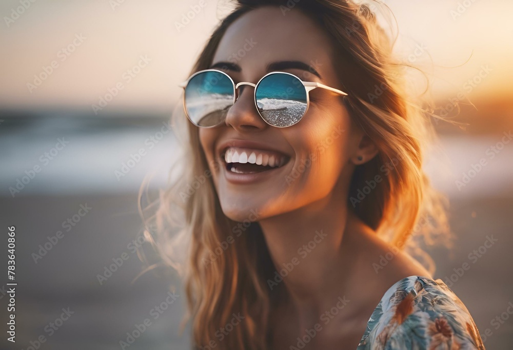 AI-generated illustration of a happy woman in sunglasses pictured on a beach at sunset