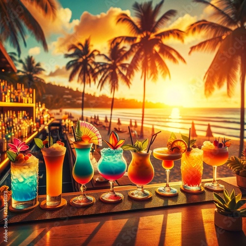 AI-generated illustration of Various beverages on the table with palm trees in the background