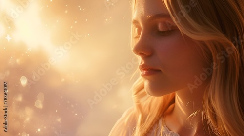 Profile view of a young woman basking in the gentle embrace of the golden hour, AI-generated.