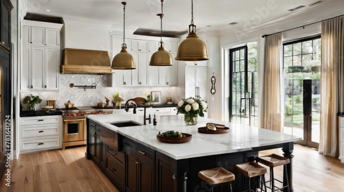 Spacious Kitchen With Center Island and Stools. Generative AI