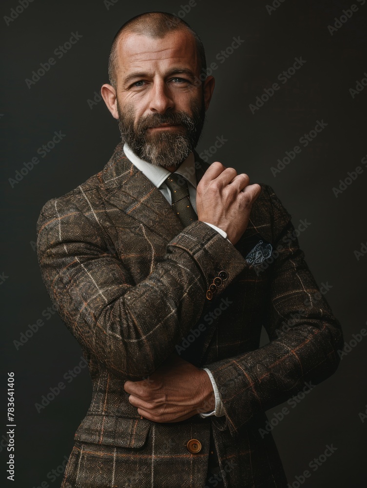 A bearded business gentleman, half-length, adjusting his sleeves, smiling naturally and confidently, standing and looking at the camera, showing professional charm in the workplace