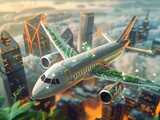Illustration depicting the concept of sustainable aviation fuel, emphasizing net-zero emissions flight and sustainability in transportation. 