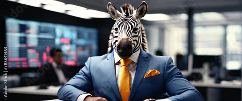 Business Zebra wearing suits in an office, seated in front of a commanding monitor using a tablet to analyze complex data sets in real-time, with a digital interface overlaid onto the scene