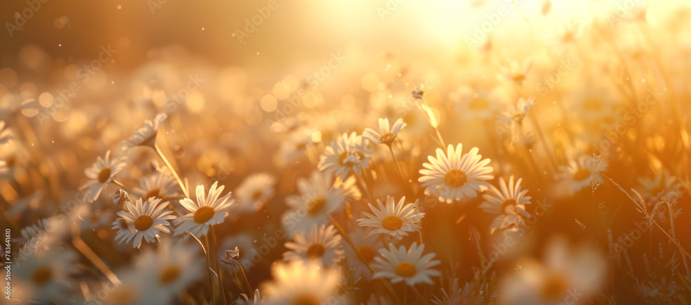Beautiful daisies in the field at sunset. Nature background
