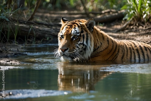 a tiger laying in water next to some trees and grass