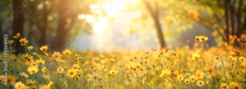 Beautiful yellow flowers in the meadow at sunset. Spring background 