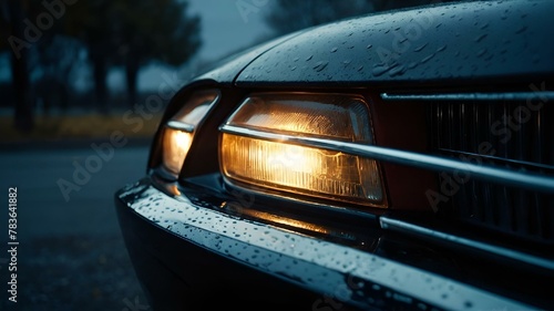 AI generated illustration of car headlights illuminated in rain with raindrops on top