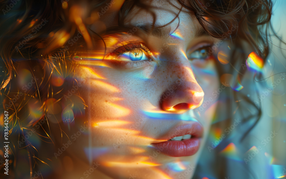 AI generated illustration of a close-up portrait of a woman illuminated by bright lights - obrazy, fototapety, plakaty 