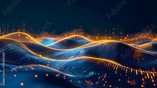 Technological futuristic illustration featuring a wave of luminous particles, visualizing big data within a 3D technological landscape. Ideal for Design, Background, Cover, Poster, Banner, PPT, KV des