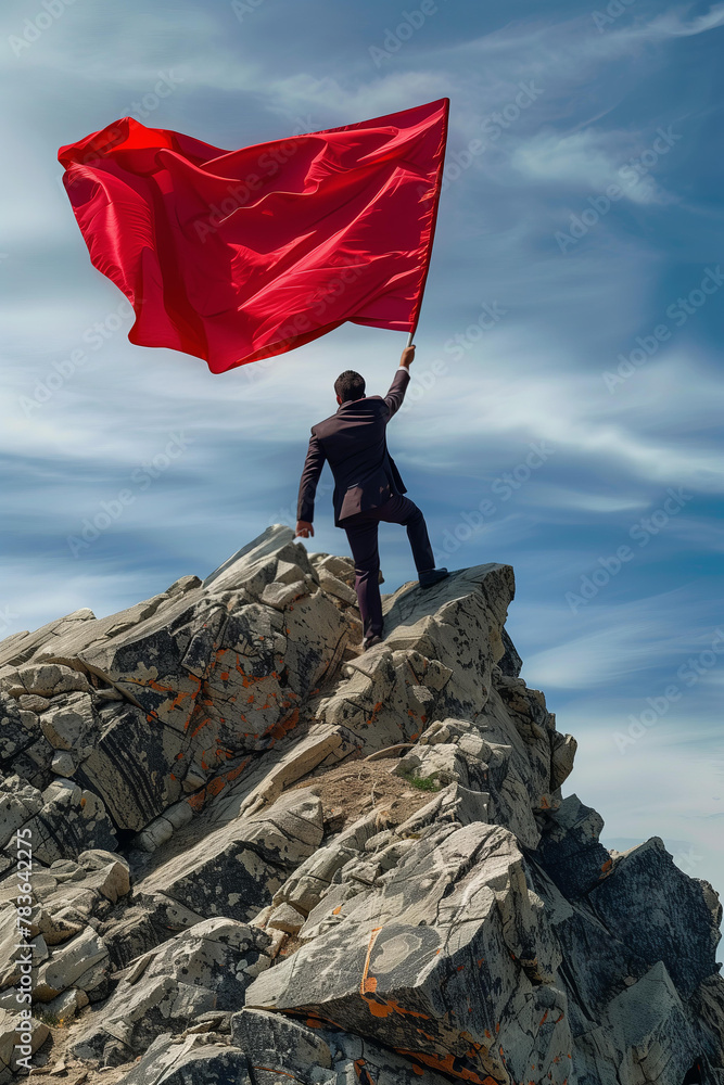 Obraz premium man in a business suit with a red flag climbs on the top of the mountain. concept of success in business, overcoming difficulties.
