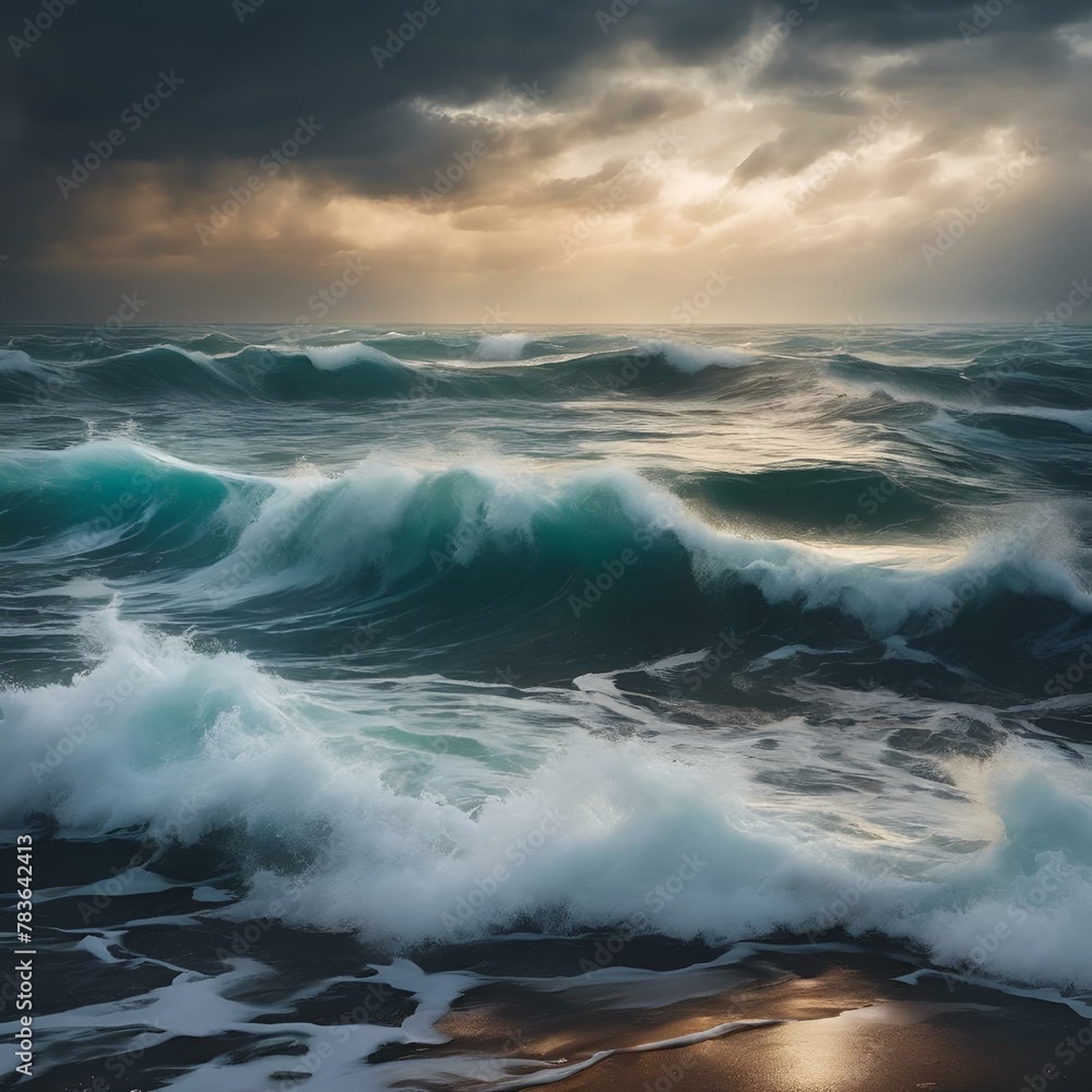 AI generated illustration of storm clouds hover over crashing ocean waves at the shore