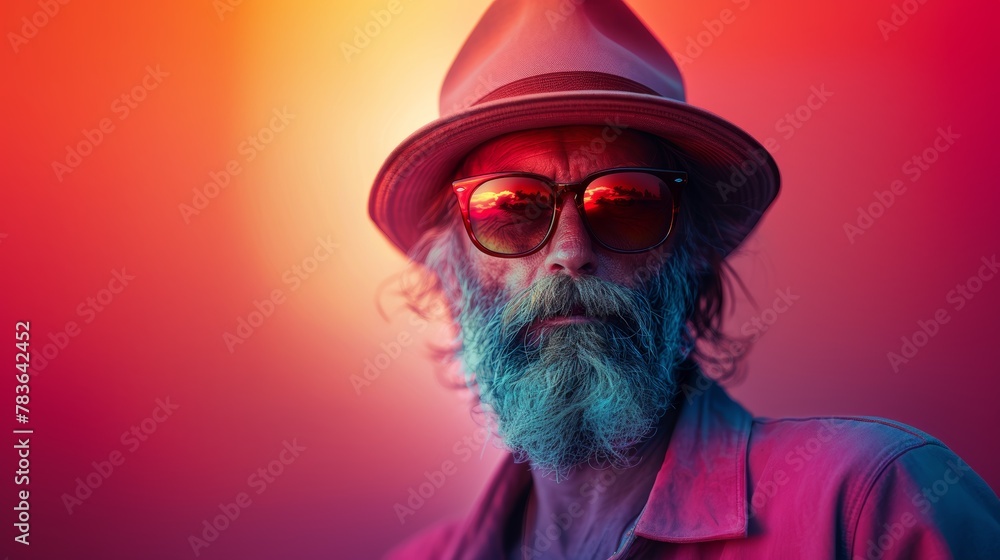 Charismatic senior man with a thick beard and trendy sunglasses stands against a vividly colored background, radiating cool and confident vibes. Charismatic senior man with a thick beard and trendy sunglasses stands against a vividly colored background, radiating cool and confident vibes.
