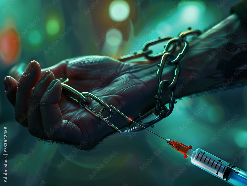 Handcuffs clasped around a wrist, alongside a drug syringe. Illustrating concepts related to law enforcement and substance abuse. 3D rendered illustration.