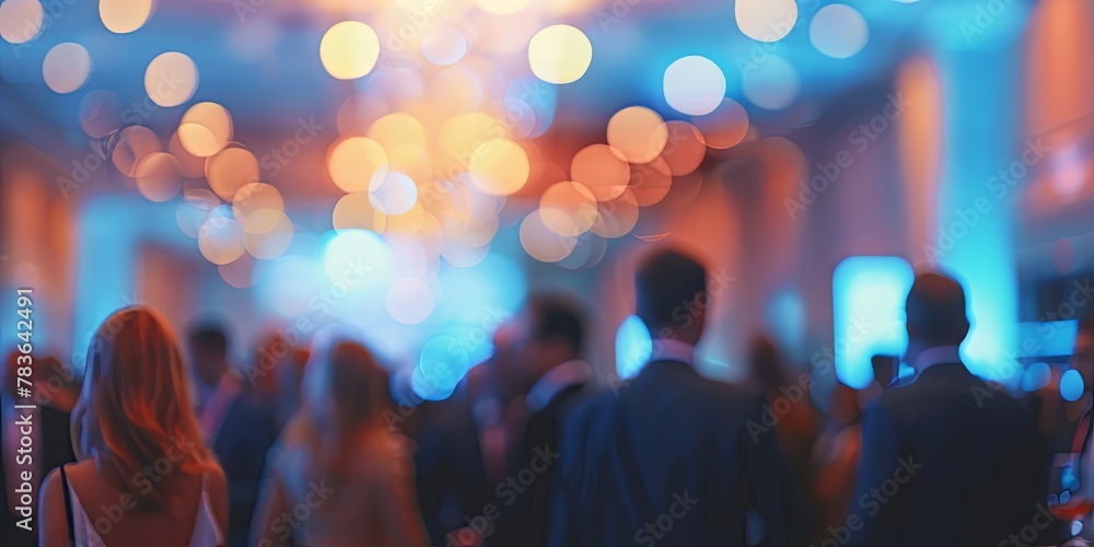 A defocused image capturing the excitement of a corporate event with a blurry crowd mingling in the background - obrazy, fototapety, plakaty 