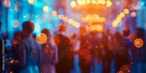 A defocused image capturing the excitement of a corporate event with a blurry crowd mingling in the background photo