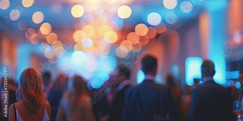 A defocused image capturing the excitement of a corporate event with a blurry crowd mingling in the background photo
