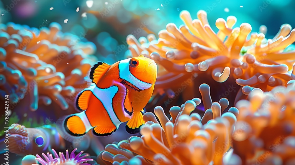 The Nemo clown fish family lives among colorful anemones in the sea. The wallpaper depicts an underwater scene The Nemo clown fish family lives among colorful anemones in the sea. The wallpaper depicts an underwater scene