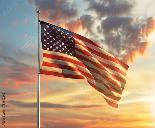 A large American flag is flying in the sky on a cloudy day