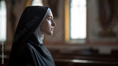 Young Catholic nun praying in catholic church.