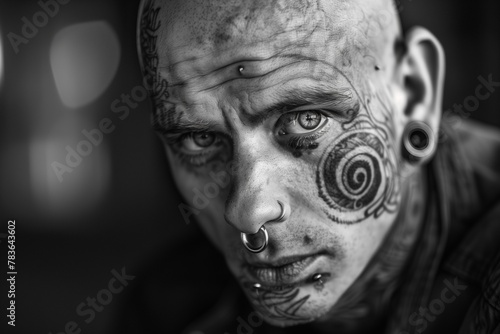 AI generated illustration of A man with facial tattoos and piercings