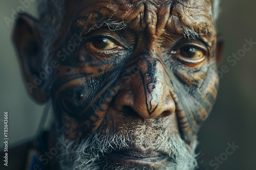 AI generated illustration of an old African man with his face covered with tattoos