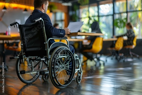 Man in a wheelchair reviewing documents at a table, AI-generated.