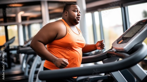 Overweight African American man runs on treadmill in sports club with panoramic windows overlooking sunny city