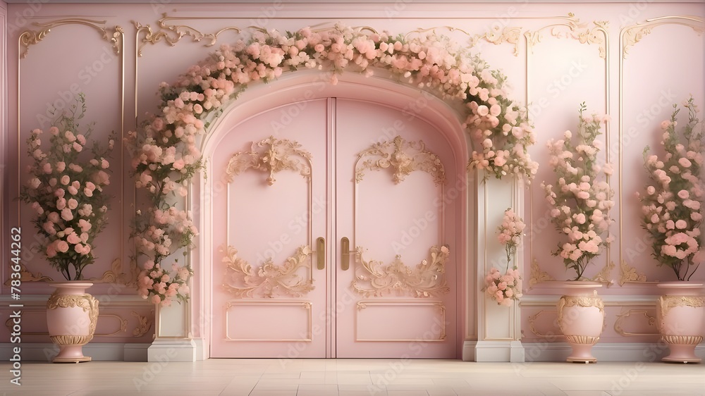Subject Description: A high-resolution photorealistic image showcasing double doors set in a wall, adorned with a luxurious floral arch decoration in pastel pink colors. The scene captures the intrica