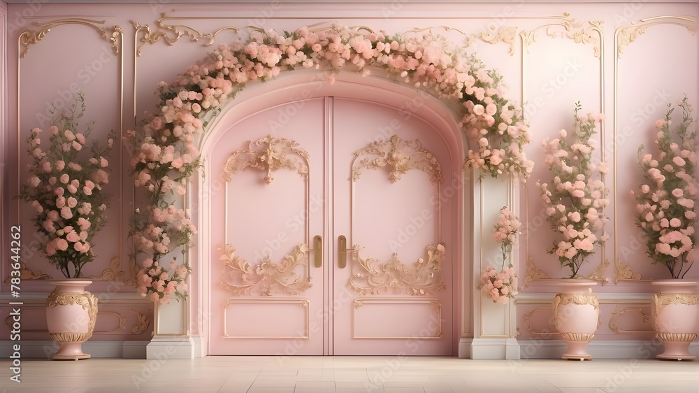 Subject Description: A high-resolution photorealistic image showcasing double doors set in a wall, adorned with a luxurious floral arch decoration in pastel pink colors. The scene captures the intrica Subject Description: A high-resolution photorealistic image showcasing double doors set in a wall, adorned with a luxurious floral arch decoration in pastel pink colors. The scene captures the intrica