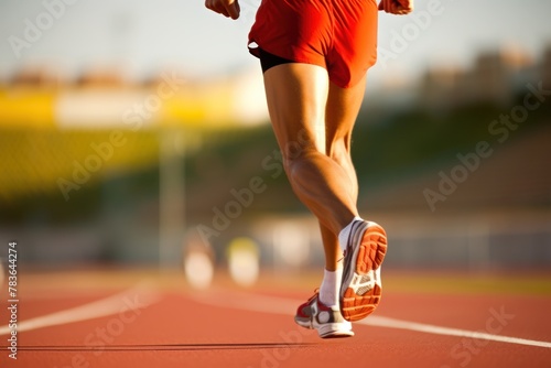 Strong sportsman in sneakers and shorts runs along track at sports stadium closeup photo