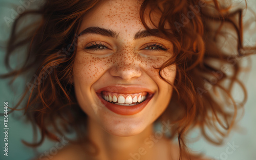 AI generated illustration of a portrait of a cheerful woman with freckles on face and chest