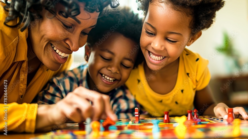 A mother and child playing a board game, their competitive spirits softened by shared laughter.