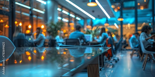 Defocused image of a busy conference room with people attending meetings and presentations in a corporate setting