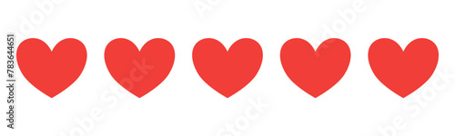 Five red hearts for ratings and reviews, isolated on a transparent background