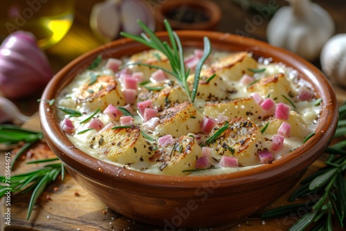 Creamy potato casserole topped with diced ham and fresh rosemary, served in a rustic bowl on a wooden table with garlic and oil nearby