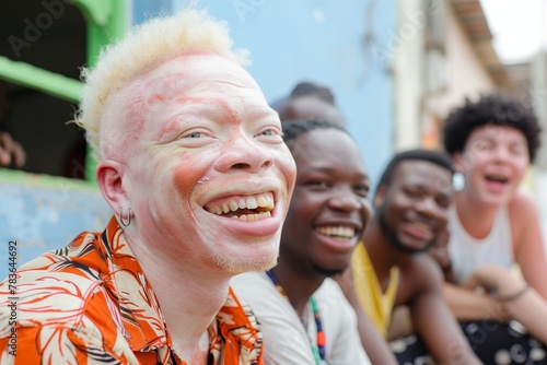 Happy albino man sits in a group, smiling, AI-generated.