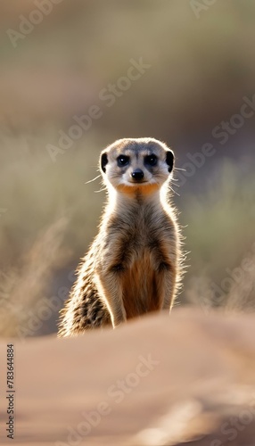 AI generated illustration of a small meerkat perched on sand dunes © Wirestock