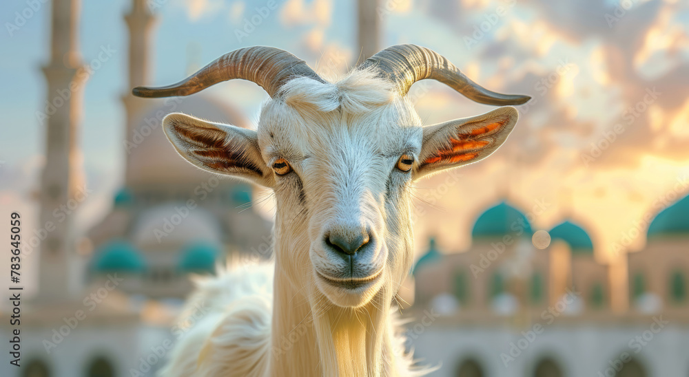 happy goat with mosque background, ramadan kareem concept, ramadhan banner template, ramadan celebration happy goat with mosque background, ramadan kareem concept, ramadhan banner template, ramadan celebration