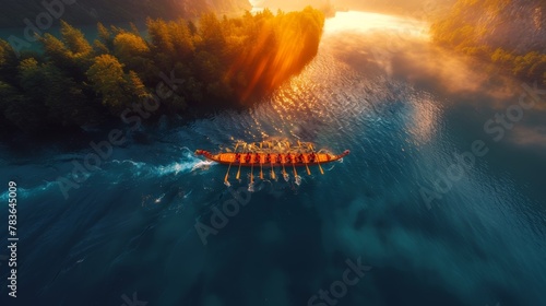 An aerial shot captures a dragon boat rowing team moving through tranquil waters surrounded by lush forests at sunset. The image exudes teamwork and calm.