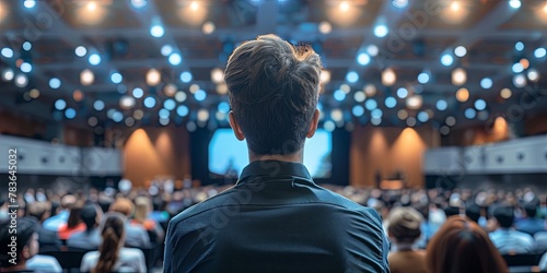 Defocused image of a crowded convention center with people attending seminars and presentations in a corporate setting