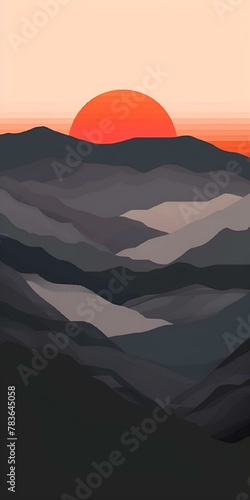 AI generated illustration of sunset over misty mountains