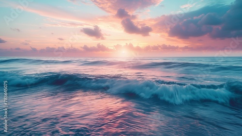 Calm and serene ocean, reflecting the gentle colors of the sunset, inspiring a sense of inner peace. photo