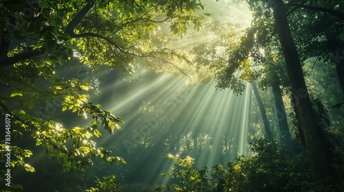 Lush forest with sunbeams filtering through the treetops, creating an atmosphere of serenity.