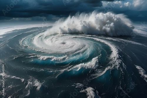 an aerial view of an ocean with waves crashing into it