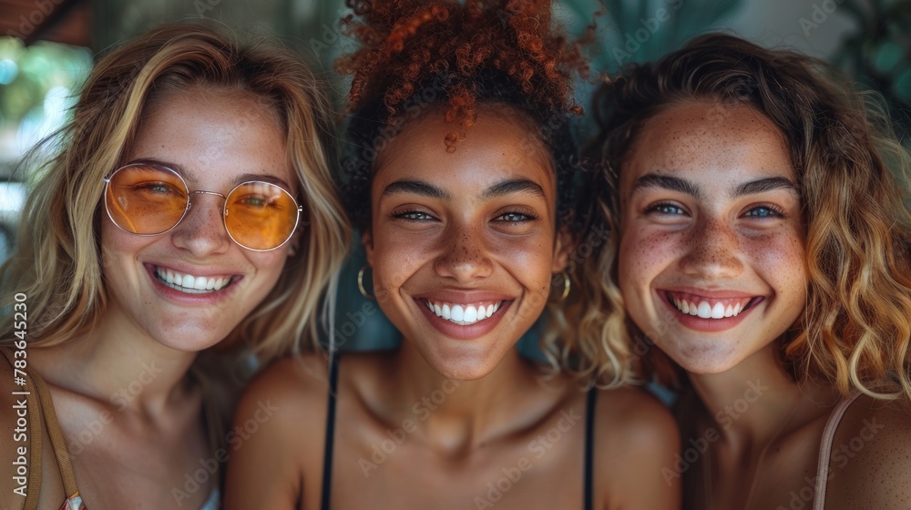 Close-up image showcasing three young women from different ethnic backgrounds sharing a light-hearted moment. Their genuine smiles and casual summer outfits enhance the feeling of joy and friendship. Close-up image showcasing three young women from different ethnic backgrounds sharing a light-hearted moment. Their genuine smiles and casual summer outfits enhance the feeling of joy and friendship.