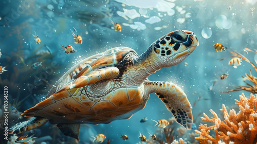 Vibrant image capturing a sea turtle gliding gracefully among colorful tropical fish and coral in a sunlit underwater setting, embodying the beauty of marine life. © AS Photo Family