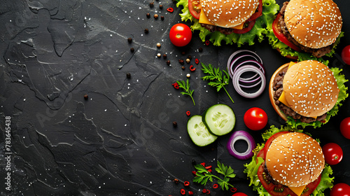 Beef burger with tomatoes red onions cucumber